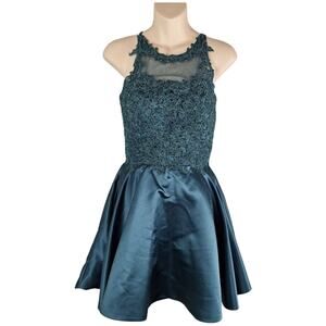 Vnaix Prom Turqoise Halter Mini Dress Ornate Floral Satin Adjustable